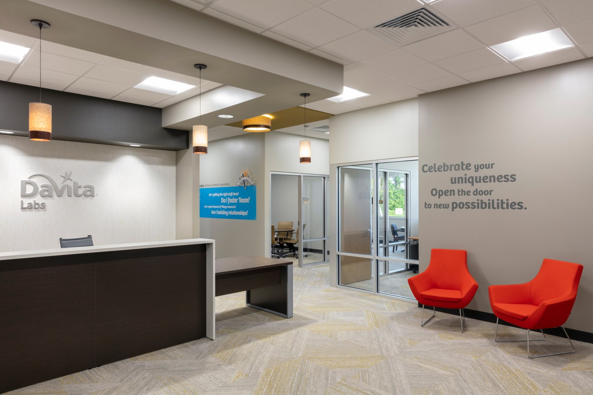 Healthcare lobby with reception desk and seating