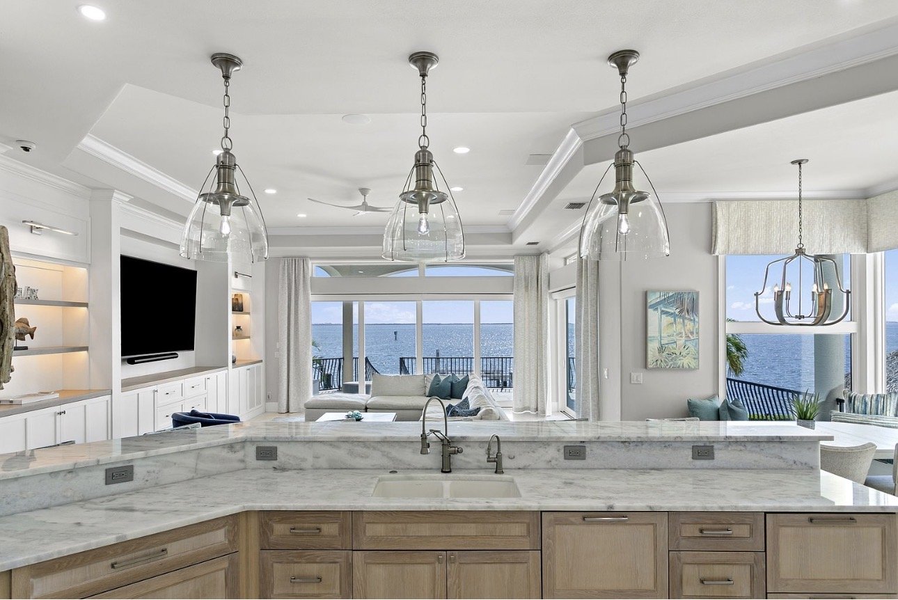 Custom kitchen island with pendant lighting