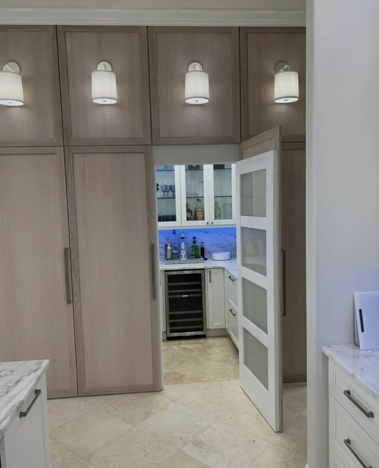 Beverage station with wine refrigerator and glass cabinet