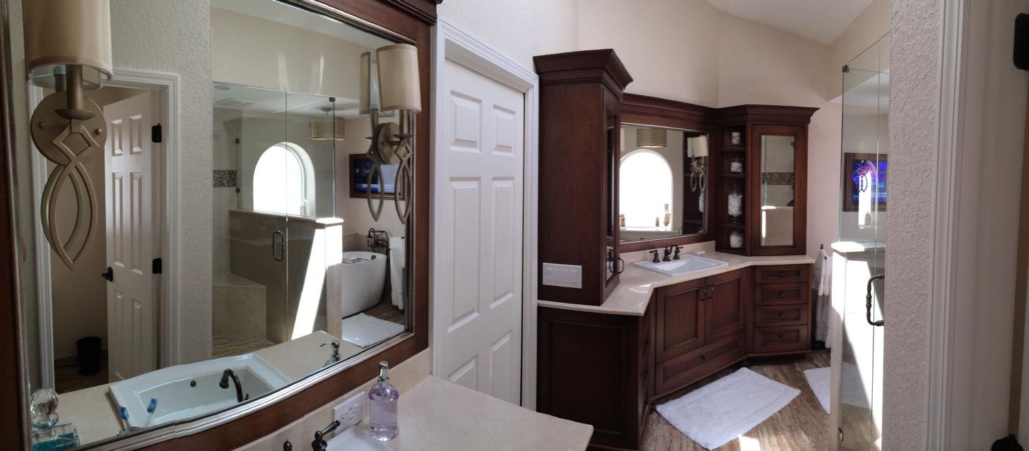 Bathroom with double vanity and freestanding tub