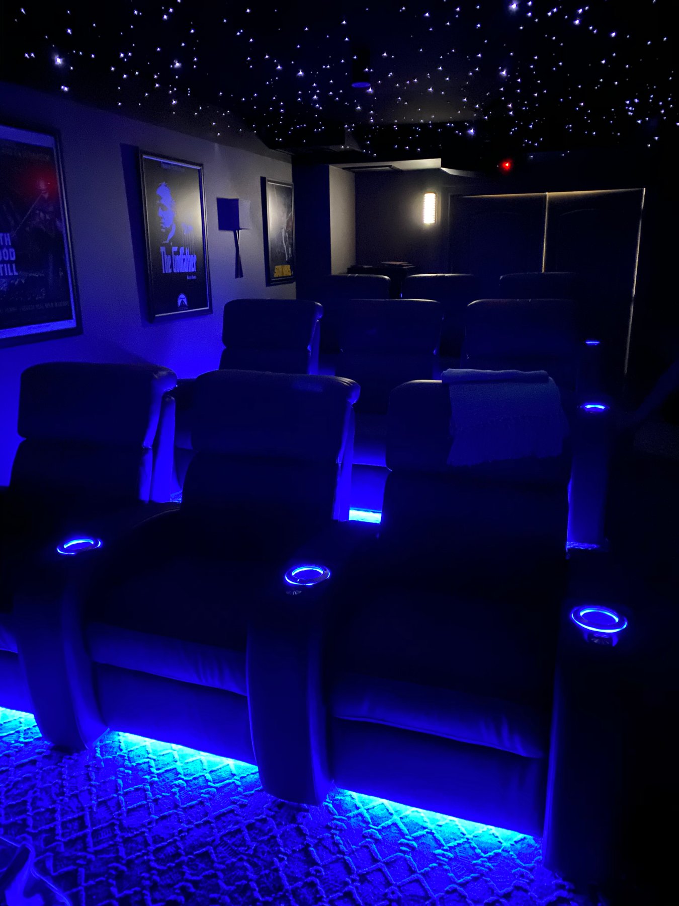 Home theater with blue accent lighting